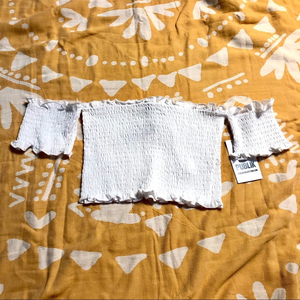 white smocked off shoulder crop top S vacation Bali Tulum